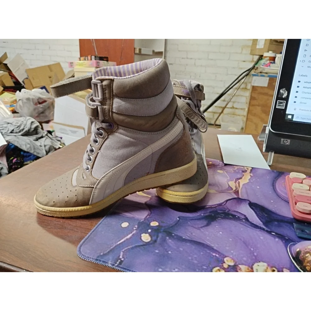 Puma Contact‎ Sky Sneaker Womens Size 6 Gray Suede Leather High Double Strap